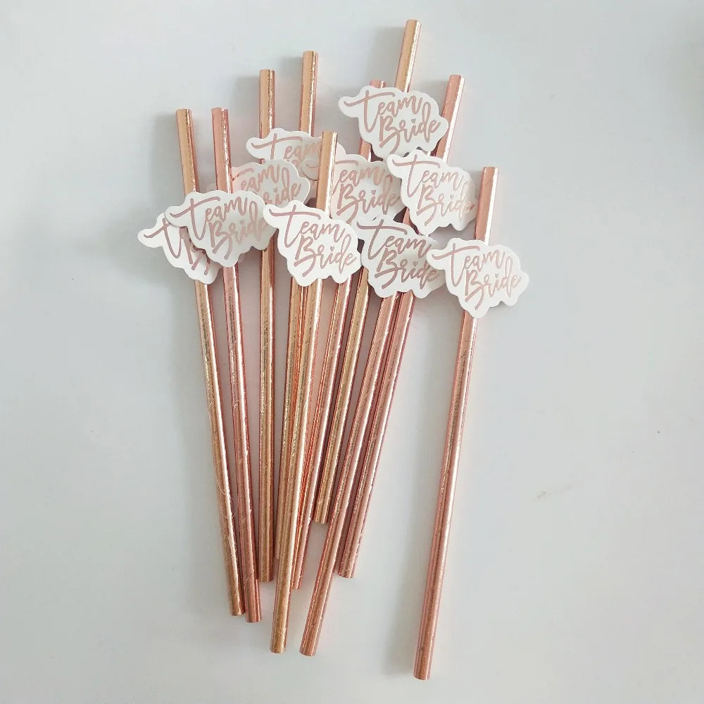 10 piece Team Bride Rose Gold Paper Straw for Bachelorette Party Bridal Decor