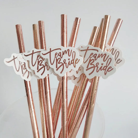 10 piece Team Bride Rose Gold Paper Straw for Bachelorette Party Bridal Decor